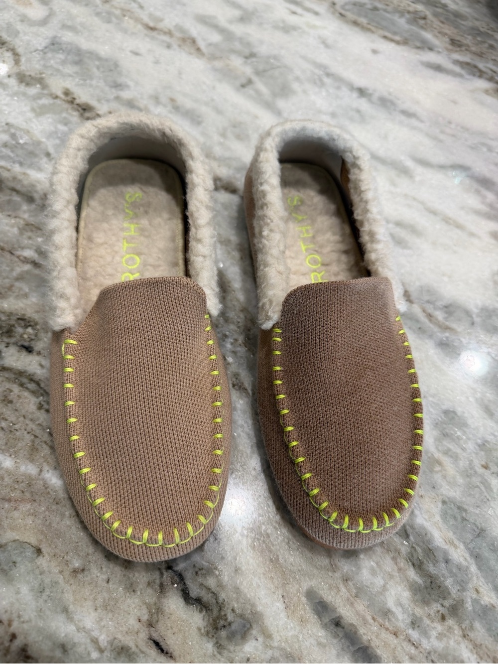 Rothy's Brown Women’s Slip-On Slippers with Neon Yellow Stitching
